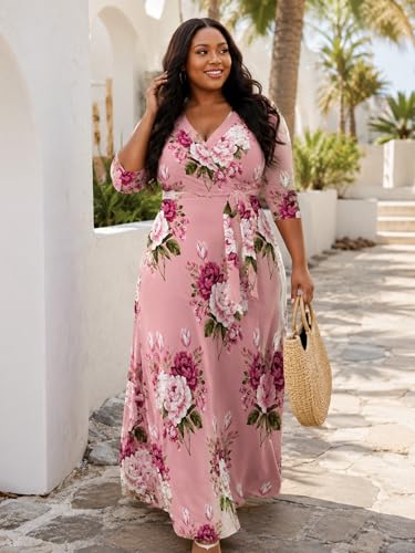 Image of PinkPatty Women's Plus Size Maxi Dresses Casual Flowy 3 /4 Sleeves Dress Printed Vacation Dress for Daily Wear with Belt