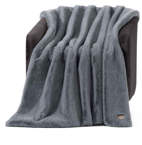 UGG Euphoria Faux Fur Throw Blanket, Oversized Soft Throw for Couch or Bed, Luxury Room Decor, Giftable Fuzzy Blankets, Machine Washable, 50-inch x 70-inch, Chambray Blue Grey