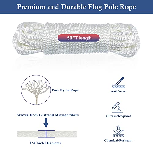 NQ Flagpole Hardware Repair Parts Kit,50 Feet Halyard Rope+3" Silver Ball+6" Zinc Alloy Cleat+4 Metal Swivel Snap Clips+Aluminum Alloy Flagpole Truck with Nylon Pulley for 1.6"-2" Flag Poles by NQ - Image 5