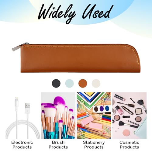 Image of 4Pcs Slim Leather Pencil Pouch with 60 Label Stickers | PU Leather, Waterproof, Soft, Compact 7.87x1.57 Inch, 4 Classic Colors, Zipper Closure, for Pens Coins Cosmetics