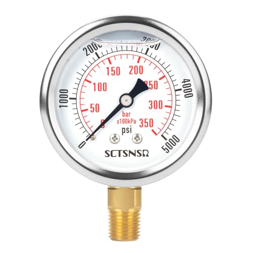SCTSNSR 2-1/2" Dial Size, 0-5000 Psi Pressure Gauge, Glycerin Liquid Filled, 1/4" NPT Lower Mount, Stainless Steel Case, for Regulator, HVAC System, Beer Keg, Brew Setup, Hydraulic, High Pressure Test