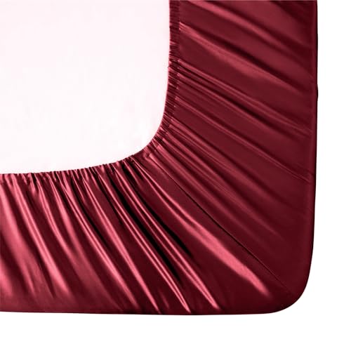 Image of Ersmak Silk Satin Fitted Sheet, Soft Deep Pocket Bottom Luxury Full Fitted Sheet, Wrinkle Free, Breathable, Fade Resistant - Burgundy