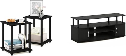 Furinno Simplistic - Juego de 2 mesas auxiliares, color nogal americano y negro & soporte grande de entretenimiento para TV de hasta 55 pulgadas de