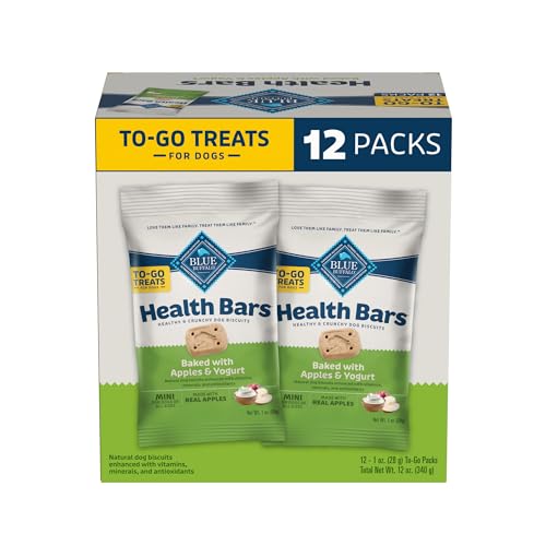 Image of Blue Buffalo Health Bars Mini Natural Crunchy Dog Treats to-GO, Mini Biscuits, Apple & Yogurt 1-oz Bags (Pack of 12)