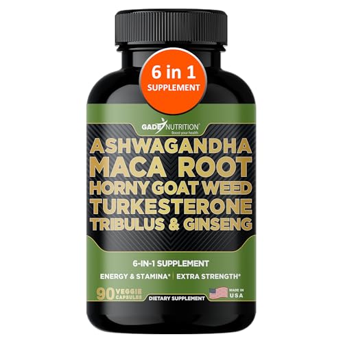 Gade Nutrition Ashwagandha with Maca Root, Horny Goat Weed, Turkesterone Supplement, Tribulus Terrestris, Panax Ginseng | 90 Vegetable Capsules for Energy, Stamina, Performance. | Made in USA