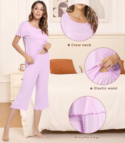 Image of NACHILA Women's Bamboo Viscose Pajama Sets Summer Cooling Short Sleeve Capri Soft Pjs Night Sweats Moisture Wicking Sleepwear