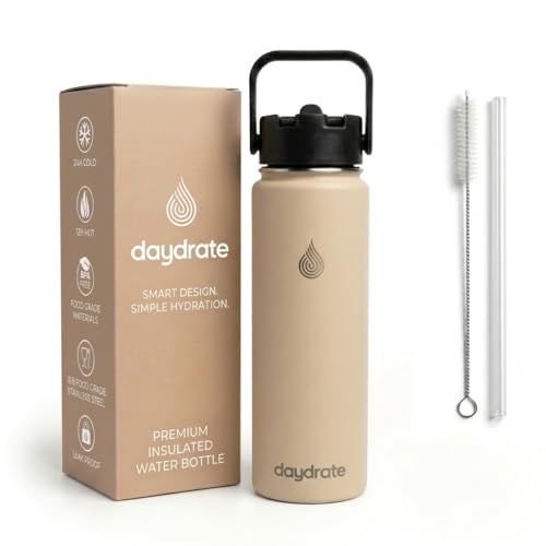 Insulated Metal Water Bottle with Straw 750ml- Stainless Steel Water Bottle, BPA Free, Lid Straw & Spout, Leakproof, 24 Hours Cold & Hot, Work, Travel, Gym Bottle for Men & Women - Sandstone -Daydrate