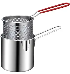 Virangna Enterprise Small Deep Frying Pot with Strainer Basket | 1200ml Stainless Steel Pan with Handle | Ideal for Frying French Fries/Chicken Wings/Shrimp/Fish/Boiling Butter/Sauce/Gravies/Pasta