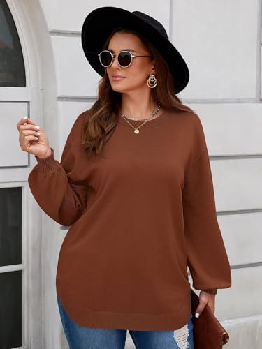 Image of Women's Plus Size Sweaters Crewneck Knit Side Slit Pullover Tops Fall Outfits (3X, Caramel)
