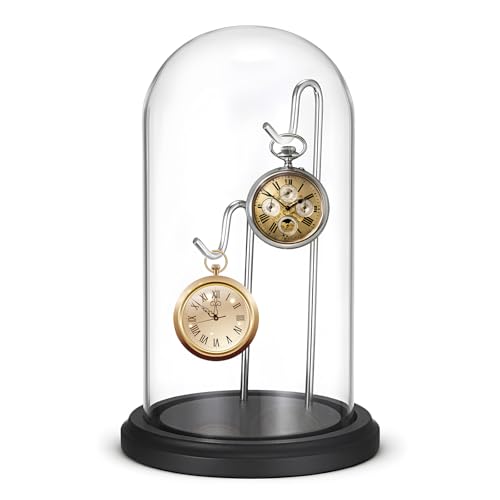 JUXYES Cloche dôme en verre transparent avec 2 crochets, crochet avec base en bois, cloche dôme transparente pour terrarium, bocal en verre pour 2 montres,...