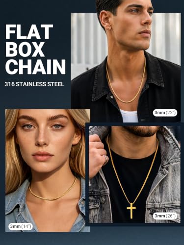 Image of PROSTEEL Stainless Steel Flat Box Link Chain Necklace for Men | Silver /Black /18K Gold Plated,2 /3 /4 /5 /6 /7 /8mm Width Chain with Strong Lobster Clasp /Waterproof Men Women Jewelry with Gift Box