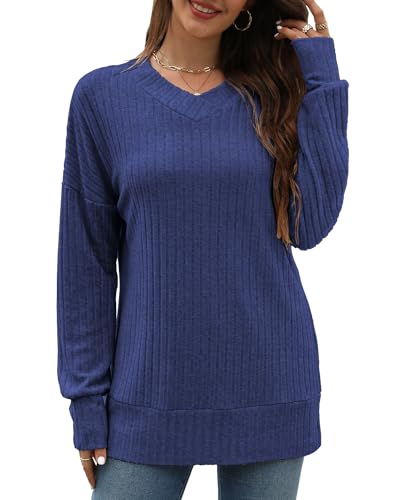 Sweater for Women Top Oversized Fashion Sweater Soft Striped V Neck Long Sleeve Pullover Sweatshirt2