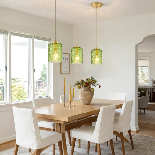Image of MWZ Gold Pendant Lights Kitchen Island 3 Pack, Modern Hanging Kitchen Pendant Lighting Over Sink with Green Hammered Glass Shade,Small Chandeliers Fixtures Adjustable Cord Hanging Lighting