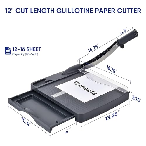 CooToly Grey Paper Cutter, A4 Trimmer with Safety Guard, 12" Guillotine with 16 Sheet Capacity, Ideal for Scrapbooking, Coupons, Cardstock