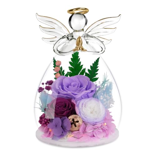 Image of encavy Birthday Gifts for Women,Fresh Flowers for Delivery,Preserved Rose Flowers in Angel Figurines,Light Up Purple Angel Real Rainbow Roses for Mom Grandma Wife Her Girlfriend Anniversary