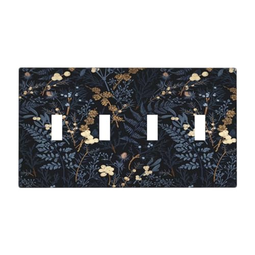 Decorative Switch Plate Covers Rustic Navy Dark Blue Leaves Golden Floral 4 Gang Light Switch Cover Plate Quad Toggle Wall Plate Light Switch Covers for Bedroom Home Decor