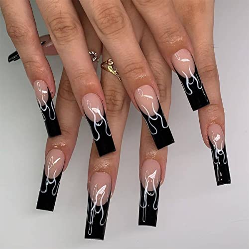 Black Flame Press on Nails Long Coffin Fake Nails Ballet French Tip False Nails Detachable Full Cover Press On Nail Art Tips Manicure Accessories for Women Girls 24Pcs