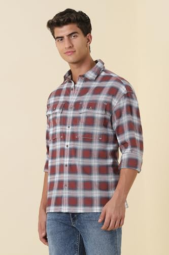 Image of Allen Solly Men Maroon Relaxed Fit Check Full Sleeves Casual Shirt