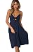 ECOWISH Womens Dresses Summer Tie Front V-Neck Spaghetti Strap Button Down A-Line Backless Swing Midi Dress Navy Blue L