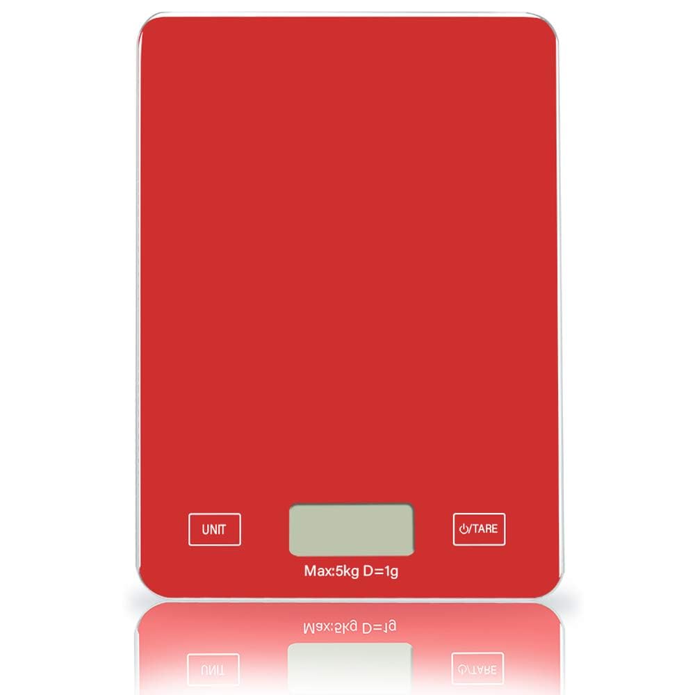 Digital Kitchen Scale - Food Weighing Scale Gadgets with Tempered Glass Platform, Backlit LCD, Portable Design - Batteries Included - Ideal for Baking, Cooking - 11lb/5kg Capacity (Red)