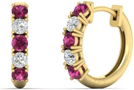 SHIV IMPEX JEWELS 0.50 Carat 5 Stone Diamond with Pink Sapphire Huggie Hoop Earrings 14K Yellow Gold Finish 925 Sterling Silver
