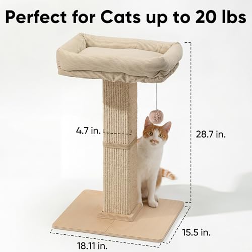 FUKUMARU Cat Scratching Post, Modern Style Tall Scratch Posts with Perch for Infoor Cats Adults, Large Cat Scratcher Tower with Bed, Small Tree with Raised Stand, Natural Sisal & Solid Wood by FUKUMARU - Image 6