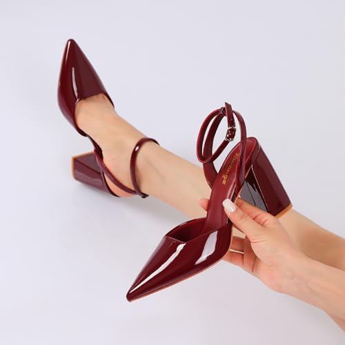 Image of RIBONGZ Block Heels for Women Closed Pointed Toe Heeled Slingback Chunky High Heel Ankle Strap Pumps Patent Leather Comfort Dressy Shoes for Work Party Prom Wedding Bridal Dress