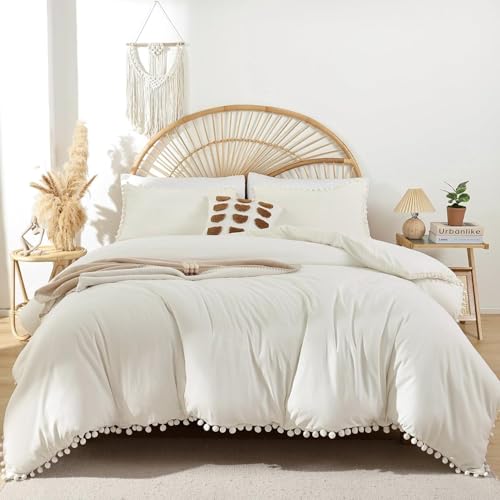 YIRDDEO King Size Comforter Set in Ivory, 3pcs Boho Ball Pom Lightweight Bed Comforter, Soft Solid Color Bedding Comforter Sets for All Seasons (Ivory, King, 104"x90")