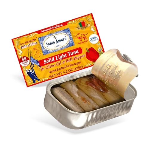 Image of Santo Amaro - Artisanal Wild Tuna Fillets in Olive Oil & Red Bell Pepper, Pole & Line Caught Tuna from Portugal, Hand-Packed Sevilla-Style Canned Tuna Fish, 22g Protein, Keto, Low Mercury, Pack of 6