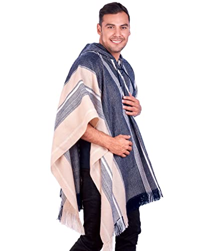 Image of Hodded Beige and Blue Alpaca Poncho for Men inchSuyana inch - Traditional Peruvian Blanklet Poncho