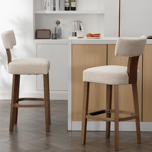 RIVOVA 30” Bar Stools Set of 2 Counter Height Bar Stools Modern Kitchen Bar Stools with Back & Solid Wood Legs, Farmhouse Upholstered Island Stools Countertop Bar Chairs, Beige