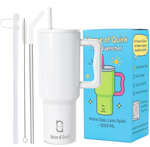 Image of House of Quirk 1200ML Stainless Steel Tumbler with Handle & Lid, 2 Straws - Large Travel Mug Water Cup for Gym, Office & Outdoor Use (Shiny White)