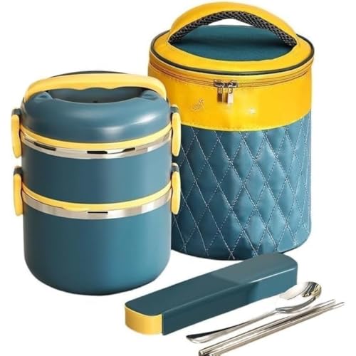 KuBenお弁当箱 2500ml 真空断熱保温 二段/三段式 弁当バッグ + お箸スプーン付き ライトブルー 大人こども兼用 通勤通学アウトドア用 (ダークブルー,1800ml)