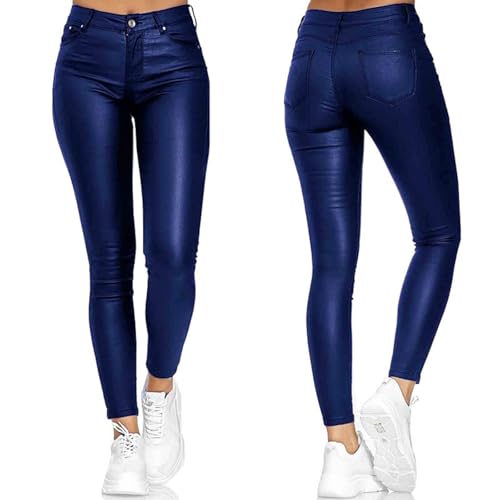 Pantalones de PU elásticos de cintura alta ideales para looks de noche con efecto mojado azul 3