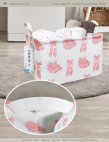 Image of Rectangular Pink Ballerina Closet Storage Bin | Damp resistant canvas fabric, sturdy stitched carry grips, space-saving holder arranges bedroom and vanity daily supplies