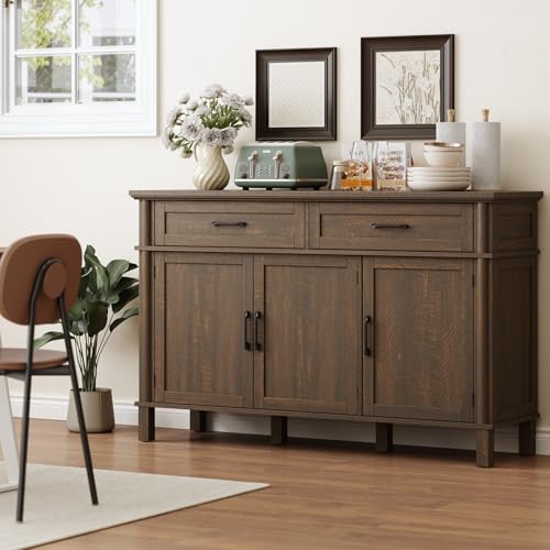 Image of ONBRILL 55 Inch Buffet Cabinet with Storage, Farmhouse Sideboard Buffet w /2 Drawers and 3 Doors, Wood Coffee Bar Cabinet with Adjustable Shelves, Sideboard Storage for Kitchen, Living Room, Brown