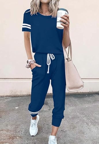 Image of PRETTYGARDEN Women's Two Piece Outfits Striped Short Sleeve Pullover and Long Pants Tracksuit Pajama Lounge Jogger Sets