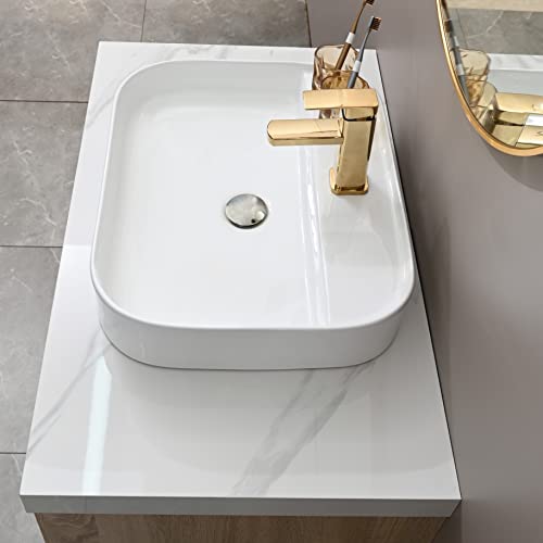 Petushouse 21.6'' Rectangle Bathroom Vessel Sink And Pop Up Drain Combo, Above Counter White Porcelain Ceramic Bathroom Vessel Vanity Sink Washing Art Basin #TOP3