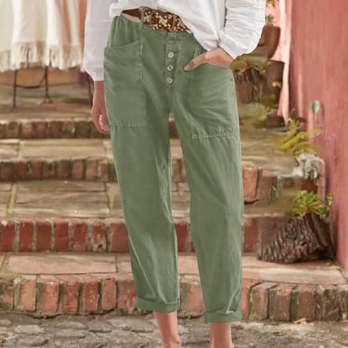 Linen Capri Pants for Women High Waisted Solid Baggy Button Down Capri Pants with Pockets Casual Summer Crop Pants2
