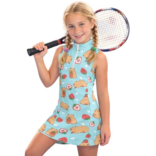 NDISTIN Cute Capybara Sleeveless Girls Tennis Golf Dress, Strawberry Kids Half Zip Sports Dress with Pockets, Blue Youth Athletic Dresses for All Activities, 14-15 Years