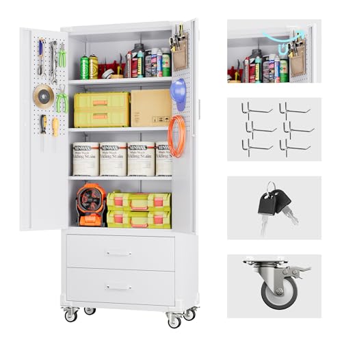 Image of Metal Garage Storage Cabinet with Wheels, 2 Drawers and Pegboard, White