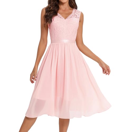 Duohropke Damen Spitzenkleid ärmellos Vorne Kurz Hinten Lang Unregelmäßig Ballkleid Festliche Chiffon Kleider mit Rundhalsausschnitt Neckholder...