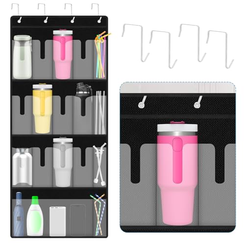 SelfTek Over the Door Water Bottle Tumbler Organizer, 17 Pockets Large Capacity Cup Organizer for S-tanley 40oz Tumbler, Foldable Hanging Holder with Straw Pocket, Cup Storage Back of Door