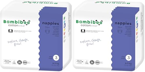 Bambiboo - Pañales Desechables COTTONWEAR - Talla 3 Midi (6-11kg) - Algodón, Indicador de Humedad, Barreras Antifugas 3D - Sin Perfume - 26 piezas (Paquete de 2)