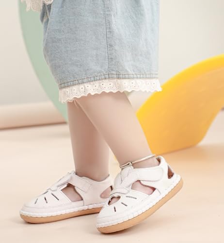 Image of DADAWEN Toddler Girls Leather Closed Toe Summer Sandals Lightweight Non-Slip Soft Sole Cute Flat Shoes Baby Flower Girl Shoes