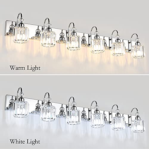 Image of Ralbay 6-Lights Stainless Steel Crystal Bathroom Vanity Lights Over Long Mirror Modern Crystal Vanity Lighting Fixtures for Bathroom