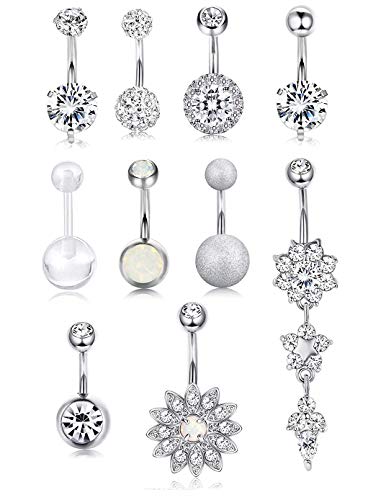 CASSIECA 10 Stks RVS Dangle Belly Button Ringen voor Vrouwen Meisjes Gebogen Navel Barbell Acryl CZ Body Sieraden Piercing