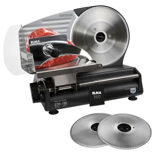 ELMA Cortafiambres Eléctrico CFD220 XL con Dos Cuchillas de Acero Inoxidable Ø220 mm | Cortadora de Fiambre Doméstica Ajustable 0 15 mm, Potente, Segura y Fácil de Limpiar