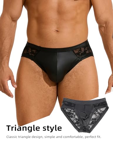 Floral Men's Lace Underwear Faux Leather Pouch Briefs Sexy Sissy Lingerie Panties Black S-2XL3