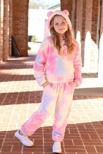 Image of Arshiner Girls 2 Piece Outfits Sweatsuit Fuzzy Long Sleeve Bear Ear Hoodie Sweatshirt and Sweatpant Kids Clothing Sets